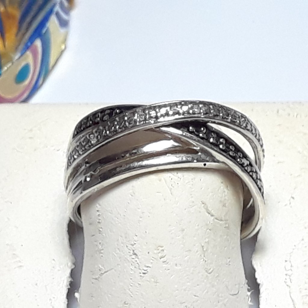 Estate .04cttw Black & White Diamond Quad Band Sterling Silver Band Ring #18190